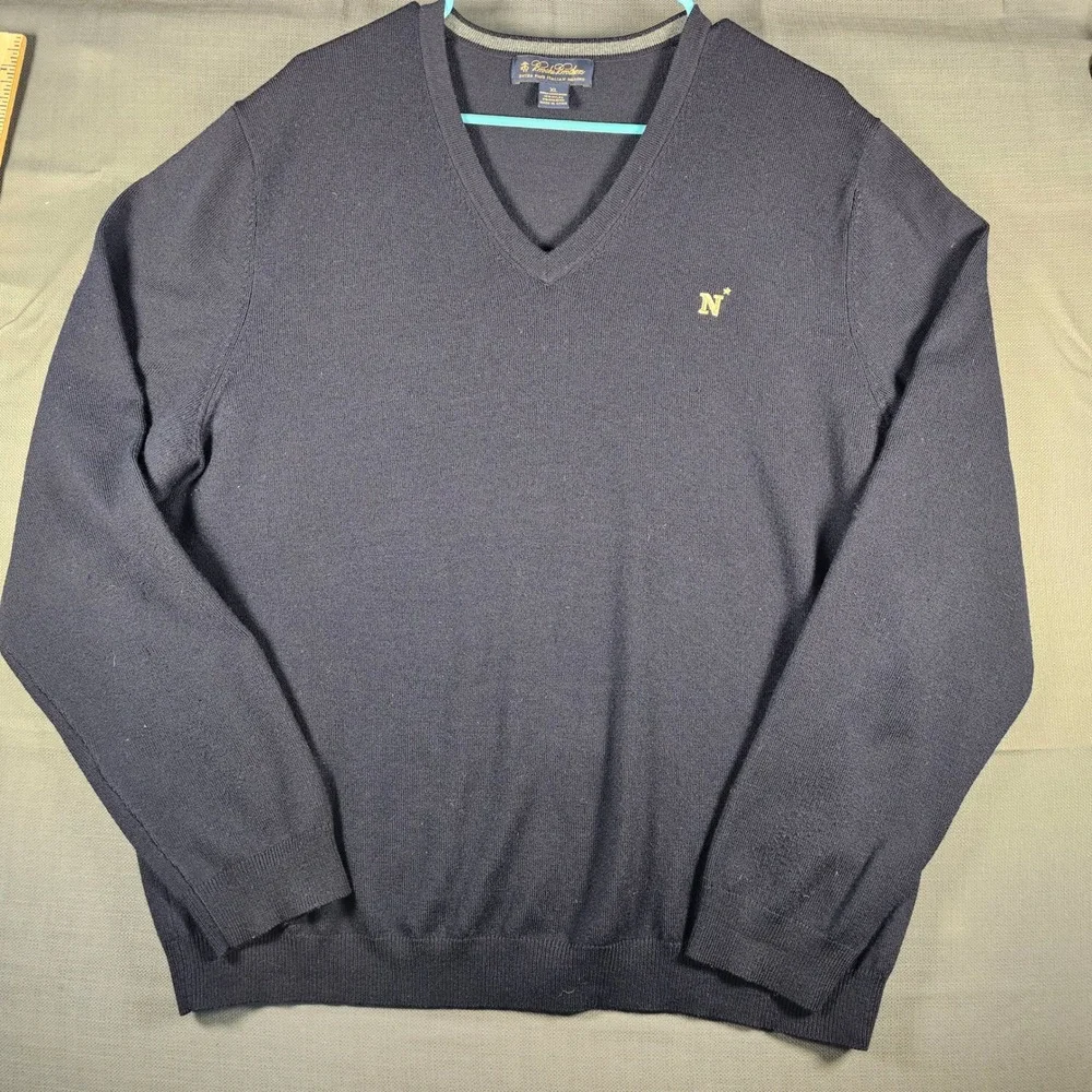 Brooks Brothers Extra Fine Italian Merino Wool V-Neck Sweater black blue Mens XL